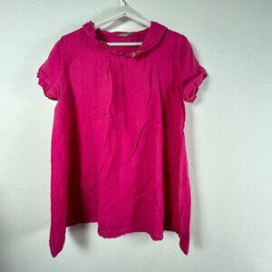 C. Valentyne Womens Tunic Top Pink Pullover Short Sleeve Collared Linen Blouse L